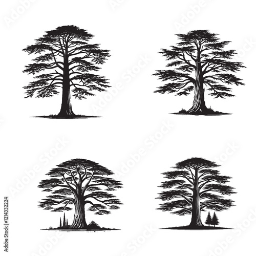 Detailed Monochrome Vector Silhouettes of the Cedarwood Atlas Tree Isolated on a White Background"