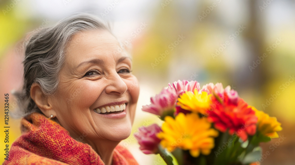 Joyful elderly woman smiling while receiving a bouquet of colorful flowers in a sunny outdoor setting Joyful elderly woman smiling while receiving a bouquet of colorful flowers in a sunny outdoor setting