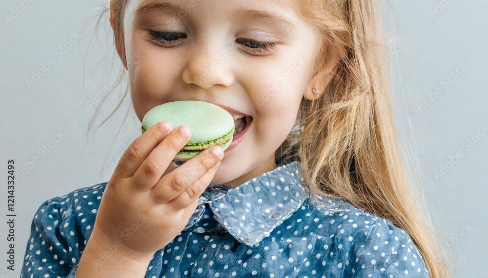 Adorable Little Girl Eating Sweet Macarons with a Dirty Finger Adorable Little Girl Eating Sweet Macarons with a Dirty Finger