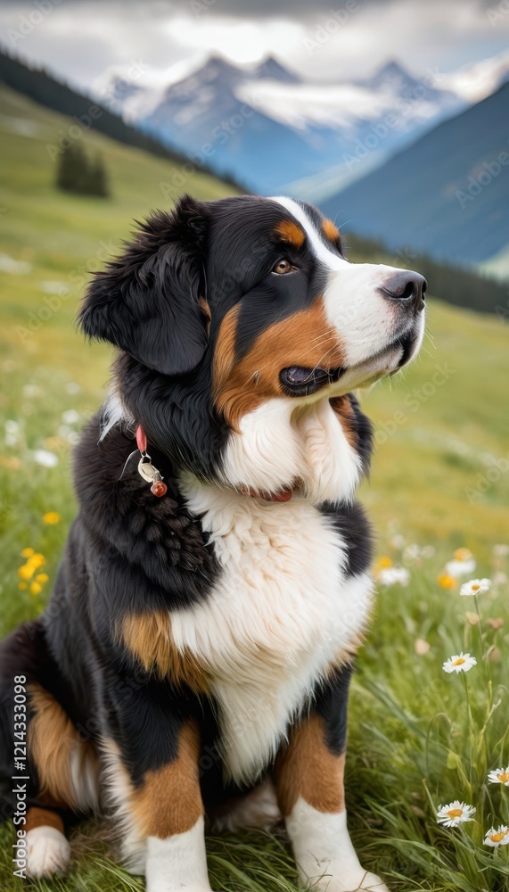 Majestic Bernese Mountain Dog lying in a lush green meadow with breathtaking snowy mountain peaks in the background. Perfect for pet and outdoor lifestyle themes Majestic Bernese Mountain Dog lying in a lush green meadow with breathtaking snowy mountain peaks in the background. Perfect for pet and outdoor lifestyle themes