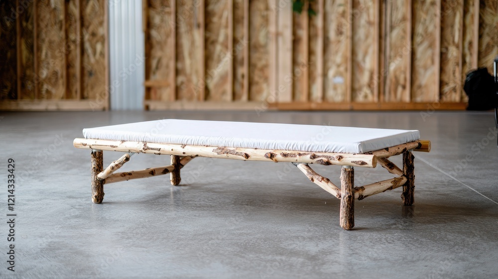 Rustic wooden bench with cushion, studio setting, wooden wall background, home decor Rustic wooden bench with cushion, studio setting, wooden wall background, home decor