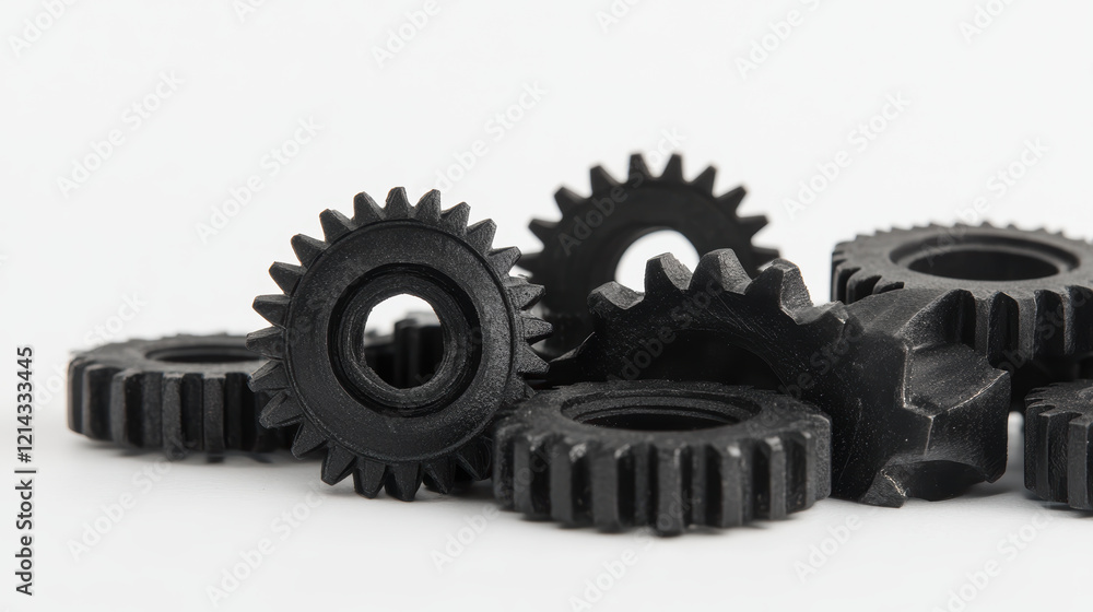 Black metal gears on white background representing teamwork and industry Black metal gears on white background representing teamwork and industry