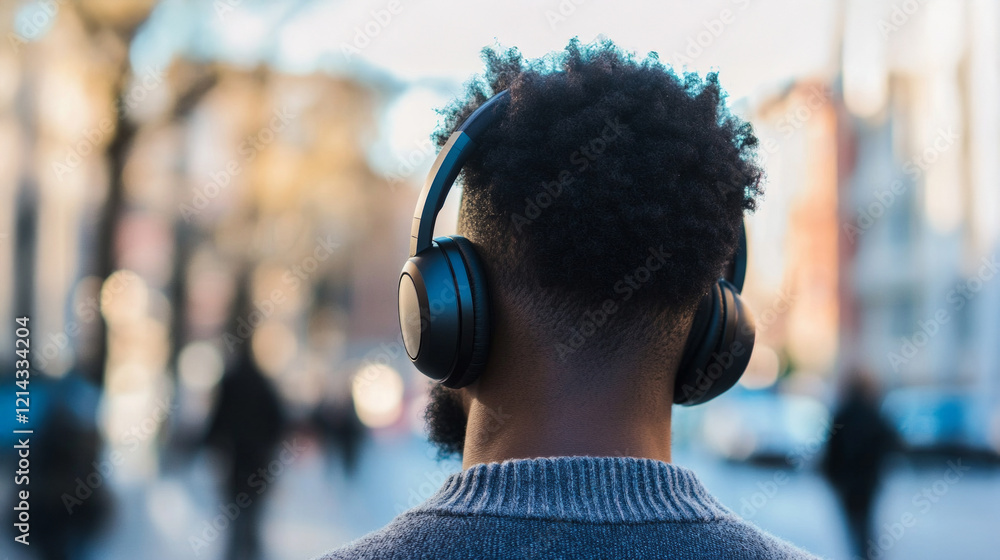 Enjoying music while walking through a busy city street on a clear day with headphones on Enjoying music while walking through a busy city street on a clear day with headphones on