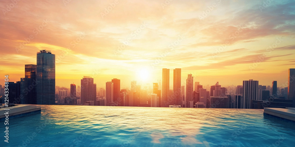 Fototapeta premium Beautiful sunset over a city skyline from an infinity pool