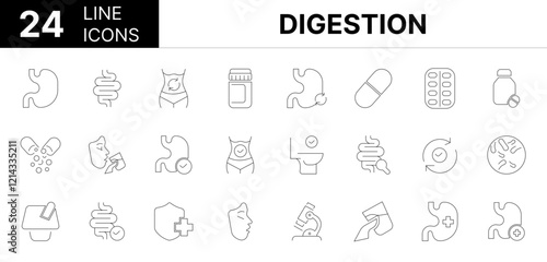 Collection of 24 Digestion line icons featuring editable strokes. These outline icons depict various modes of Digestion, stomach, colon, health, guts, digestive, bowel, line, flora, yogurt, healthy,