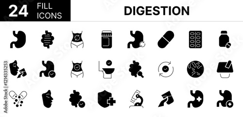 Collection of 24 Digestion fill icons featuring editable strokes. These outline icons depict various modes of Digestion, stomach, colon, health, guts, digestive, bowel, line, flora, yogurt, healthy,