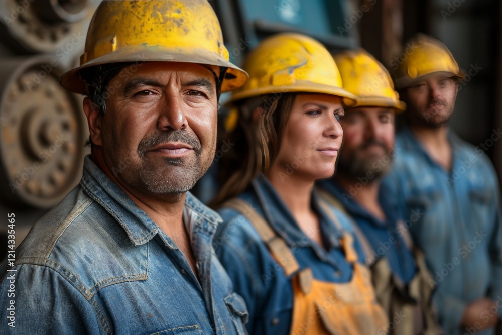 Industrial workers in factory wearing safety helmets, working with machinery, showing teamwork and determination Industrial workers in factory wearing safety helmets, working with machinery, showing teamwork and determination