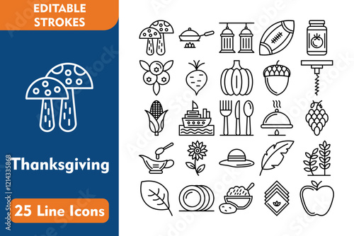 25 Thanksgiving Line Icons Set Pumpkin,
Acorn,
Corkscrew,
Corn,
Cutlery,
Dish,
Grapes,
Gravy,
Flower,
Hat,
