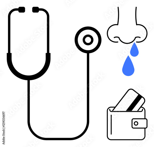 Stethoscope, nose with blue droplets, and wallet with card representing medical expenses and health care costs. Ideal for healthcare, medical bills, budgeting, insurance, treatment costs, financial