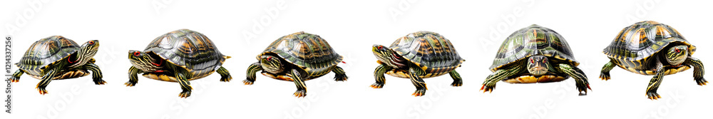 Fototapeta premium A playful parade of turtles in motion