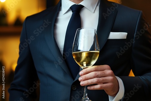 Man sommelier degustator tasting white wine in wine glass in cellar photo