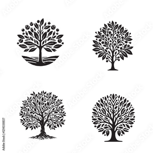 High-Quality Monochrome Vector Silhouettes of the Cinnamon Tree Isolated on a White Background"