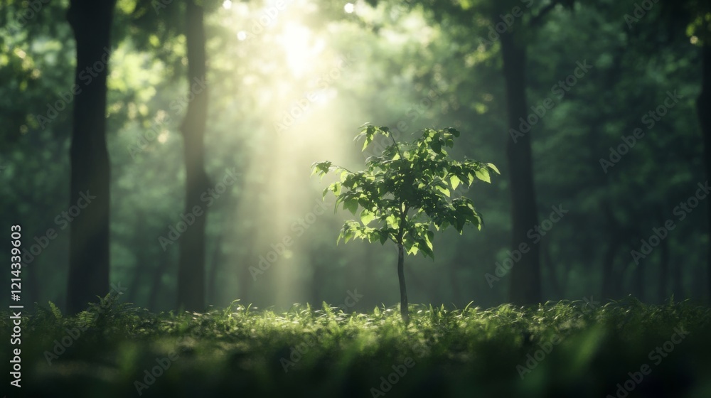 Obraz premium Young tree sapling in sunlit forest.