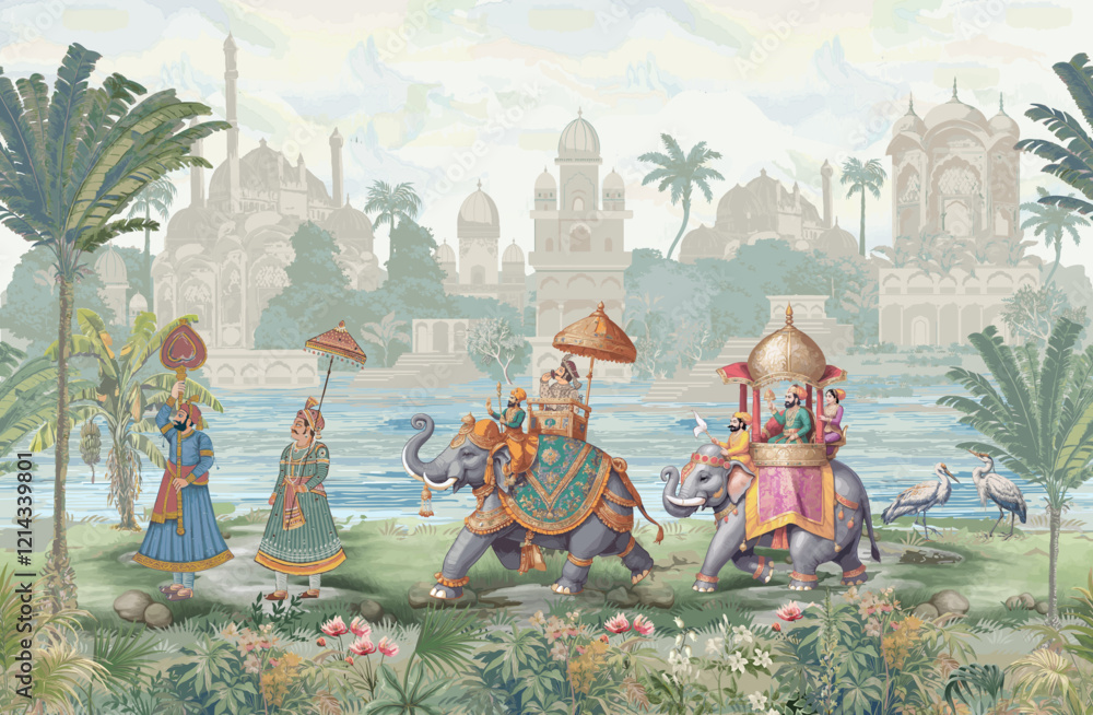 custom made wallpaper toronto digitalMughal Emperor's Royal Procession with Elephants by a Scenic River seamless pattern illustration for wallpaper