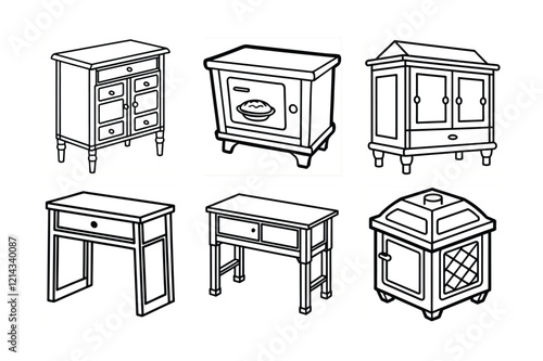 Set of Vargueno, Kneehole Desk, and Pie Safe Furniture Silhouette Vector Illustration