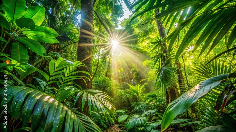 Fototapeta premium Guam Rainforest Canopy Sunlight Breakthrough Lush Green Foliage