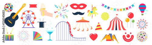 Modern bold geometric amusement holiday festive elements. Carnival and funfair symbol designs for advertisement print. Featuring circus tent, carousels, clown and guitar. Perfect for event promotion