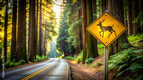 Guerneville, California: Rustic Road with Deer Crossing Sign, Redwood Forest Background