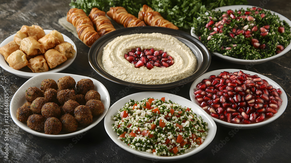 A Mediterranean feast spread with rich and colorful ingredients. A Mediterranean feast spread with rich and colorful ingredients.