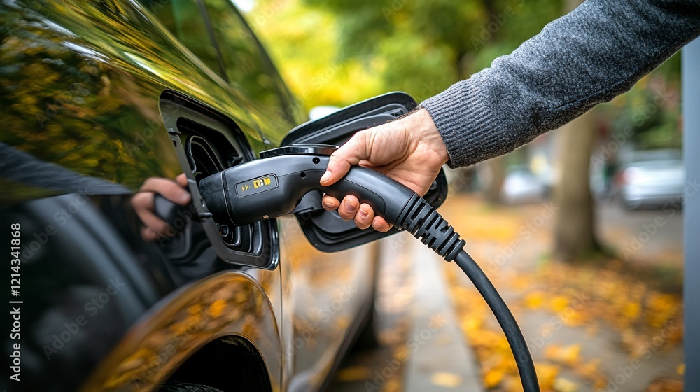 Close-up of an electric vehicle charging plug being inserted into a station, highlighting modern technology and eco-friendly transportation. Close-up of an electric vehicle charging plug being inserted into a station, highlighting modern technology and eco-friendly transportation.
