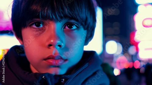 Video of teenager standing under colorful city lights at night, expression showing contemplation and curiosity in urban setting