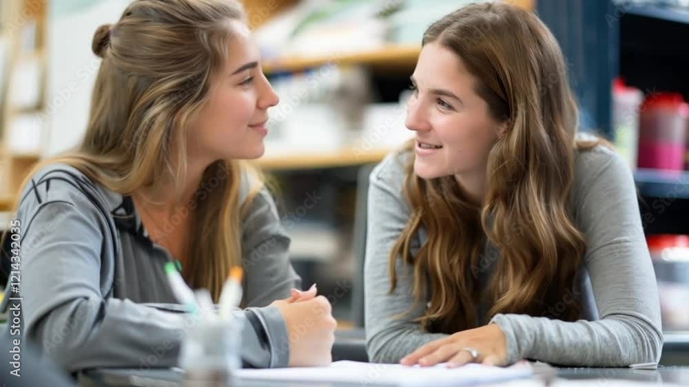 This Two young women engage in a focused discussion while working on schoolwork together. This Two young women engage in a focused discussion while working on schoolwork together.