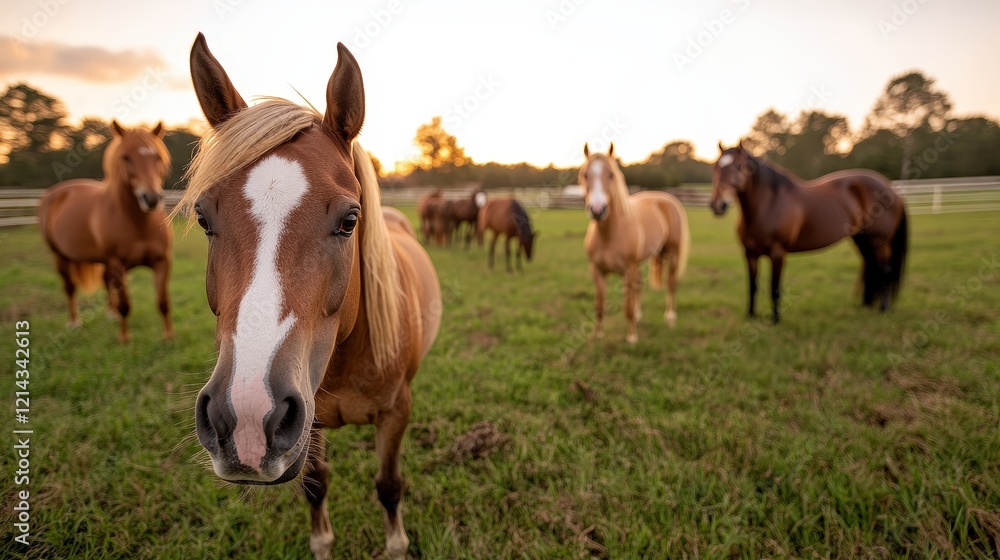 A beautiful scene showcasing a group of horses in a lush green field during sunset, capturing the essence of freedom, grace, and connection with nature in a pastoral setting. A beautiful scene showcasing a group of horses in a lush green field during sunset, capturing the essence of freedom, grace, and connection with nature in a pastoral setting.