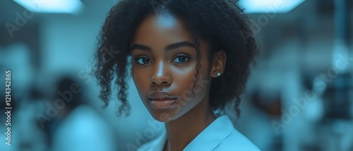 Confident young woman in lab coat.
