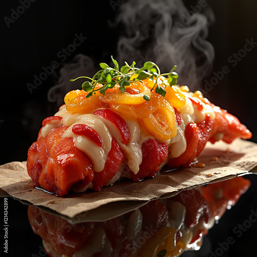 Opulent lobster tail dish with smoky presentation, gastronomic delight photo