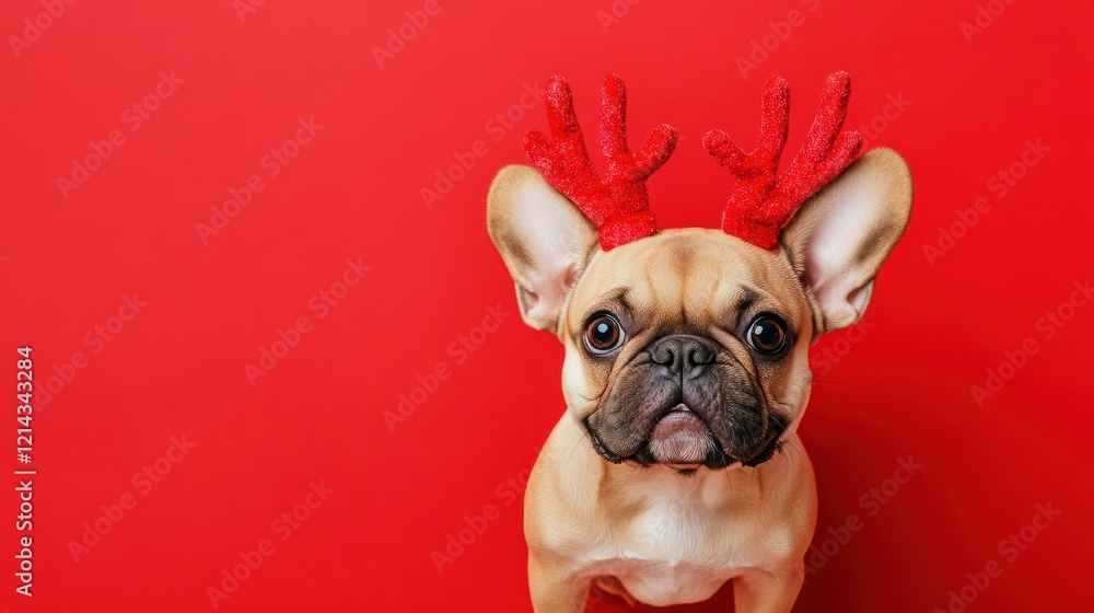 Playful Dog with Reindeer Antlers in Festive Setting Playful Dog with Reindeer Antlers in Festive Setting