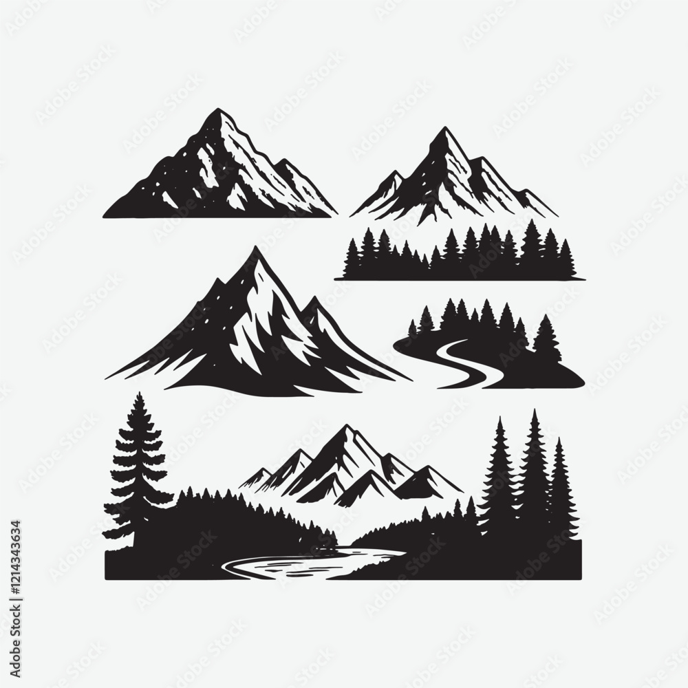 Fototapeta premium Mountain Vector Bundle Silhouette – Stunning Collection of Minimalist Mountain Designs