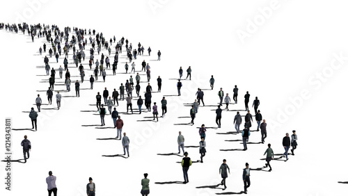 3d illustration of a crowd of people walking down the street on white background
