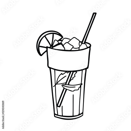 Mojito Cocktail or Lemonade Glass with Ice and a slice of Lime and mint leaves with Straw. Hand drawn Vector isolated illustration in Doodle style. For cocktail bar menu, logo or drink summer party