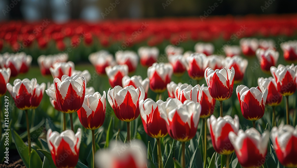 red and white tulips in the morning red and white tulips in the morning