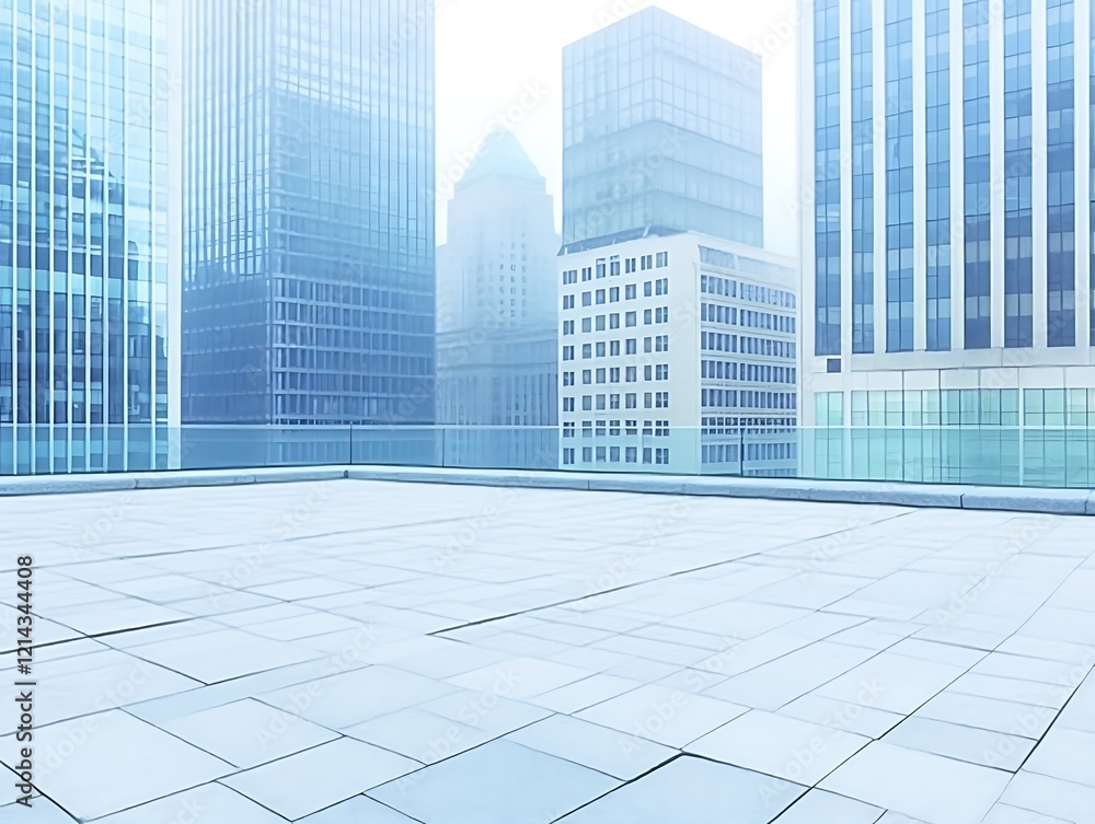 Fototapeta premium Empty rooftop plaza overlooking hazy cityscape.