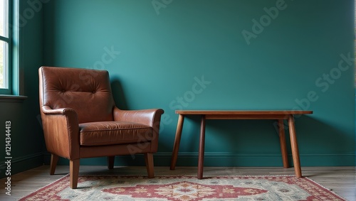 A plush brown leather armchair faces left, paired with a petite wooden table on a vibrant teal backdrop, creating an inviting, stylish indoor scene photo