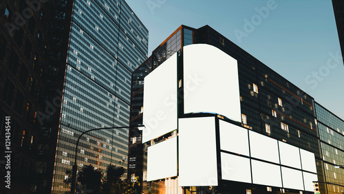 Photography Large billboard with a white screen for advertising on the building wall