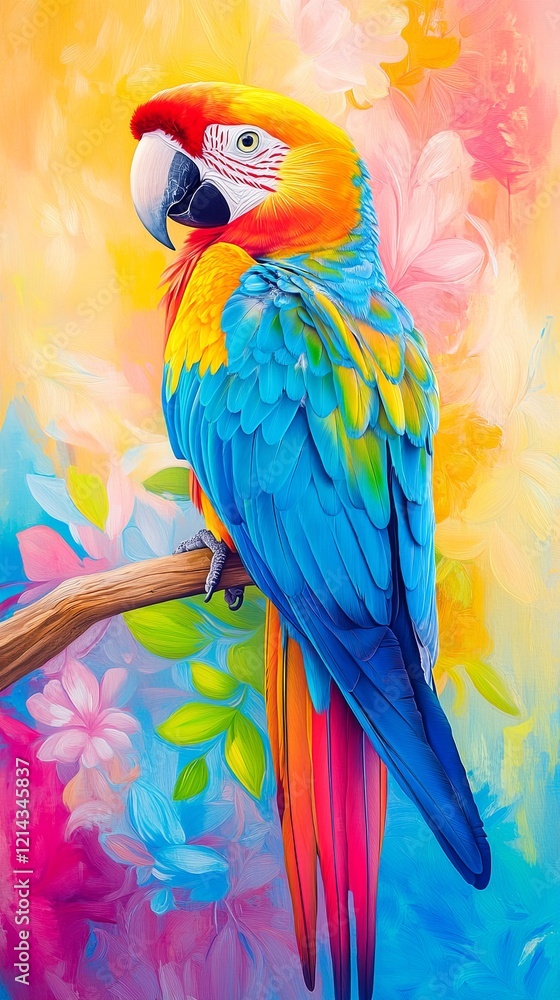 Fototapeta premium Vibrant Parrot Perched on a Colorful Branch
