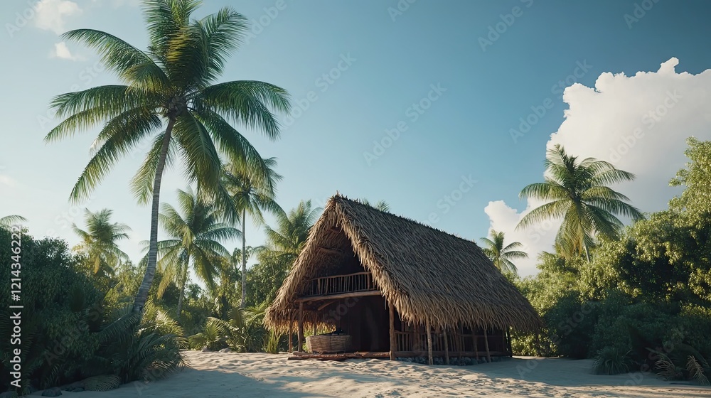 Tropical beach hut, palm trees, sunset, relaxation Tropical beach hut, palm trees, sunset, relaxation
