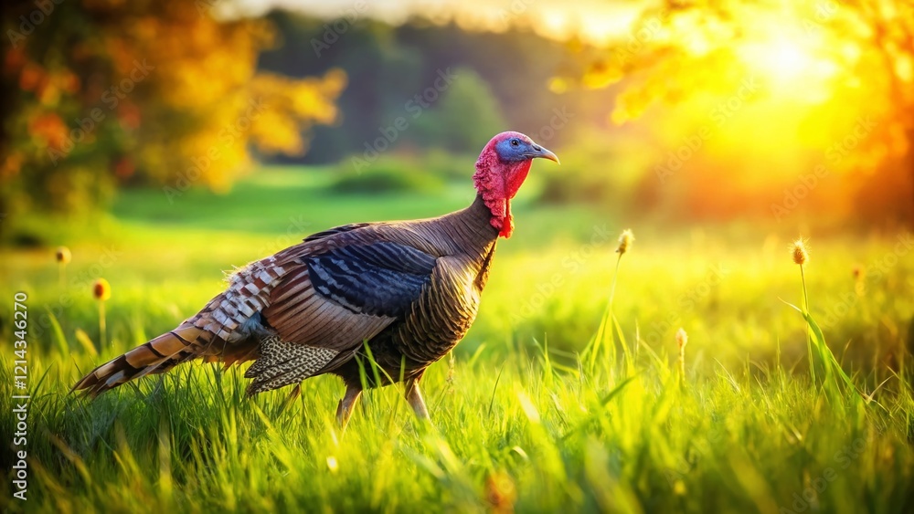 Obraz premium Happy Turkey Poultry Walking in Sunny Summer Farmland - Stock Photo