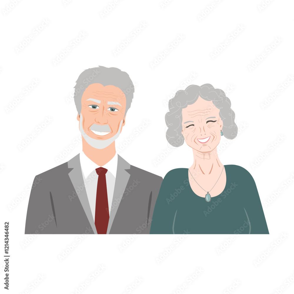 Happy senior couple sitting together. Elderly man and woman portrait. Vector isolated illustration. Happy senior couple sitting together. Elderly man and woman portrait. Vector isolated illustration.