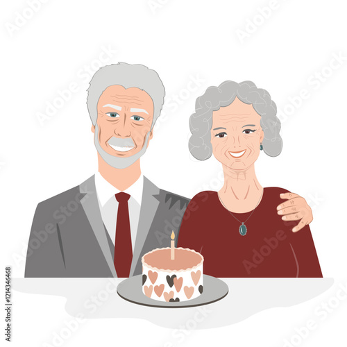 Smiling happy senior couple with a sweet cake and a lighting candle on it. Happy wedding anniversary, Grandparents Day or happy birthday concept. Elderly man and woman celebrating together. Vector iso