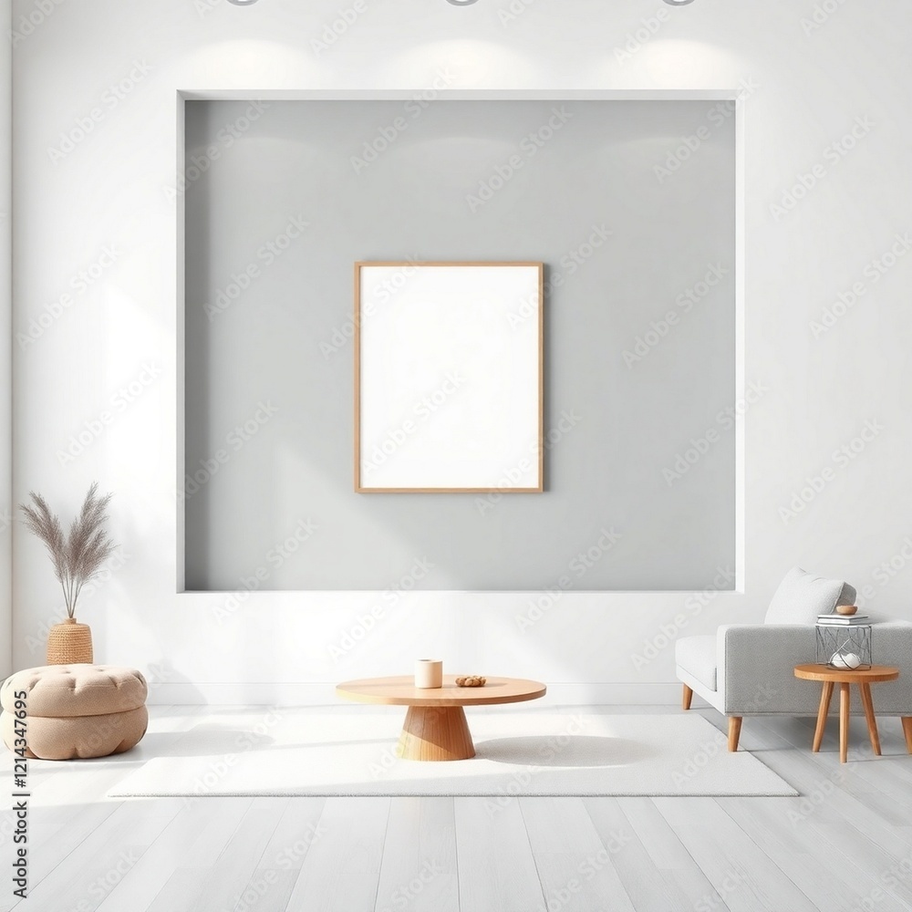 Frame mockup, ISO A paper size. Poster mockup on living room wall. Interior mockup with modern minimalist living room design. A bright, elegant space with a white sofa, Frame mockup, ISO A paper size. Poster mockup on living room wall. Interior mockup with modern minimalist living room design. A bright, elegant space with a white sofa,
