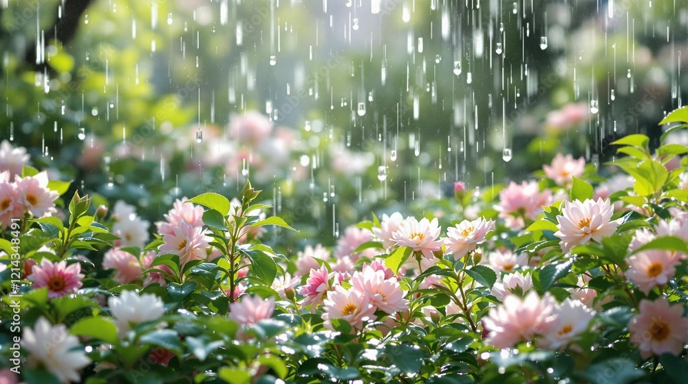 Rain falling on blossoming flowers, great for blogs, websites, and seasonal greeting cards Rain falling on blossoming flowers, great for blogs, websites, and seasonal greeting cards