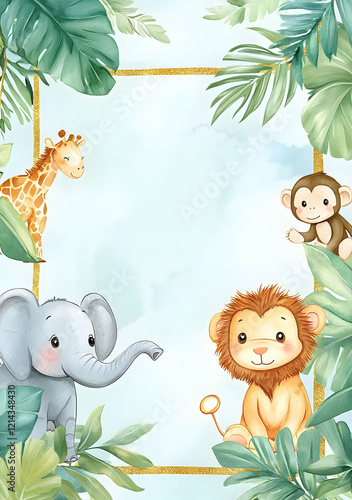 Cute jungle animals with a decorative frame for invitations or children's decor.