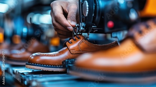 A close-up of a skilled hand carefully assembling brown leather shoes on a production line conveys the art of craftsmanship, quality, and the dedication involved in shoe making processes.