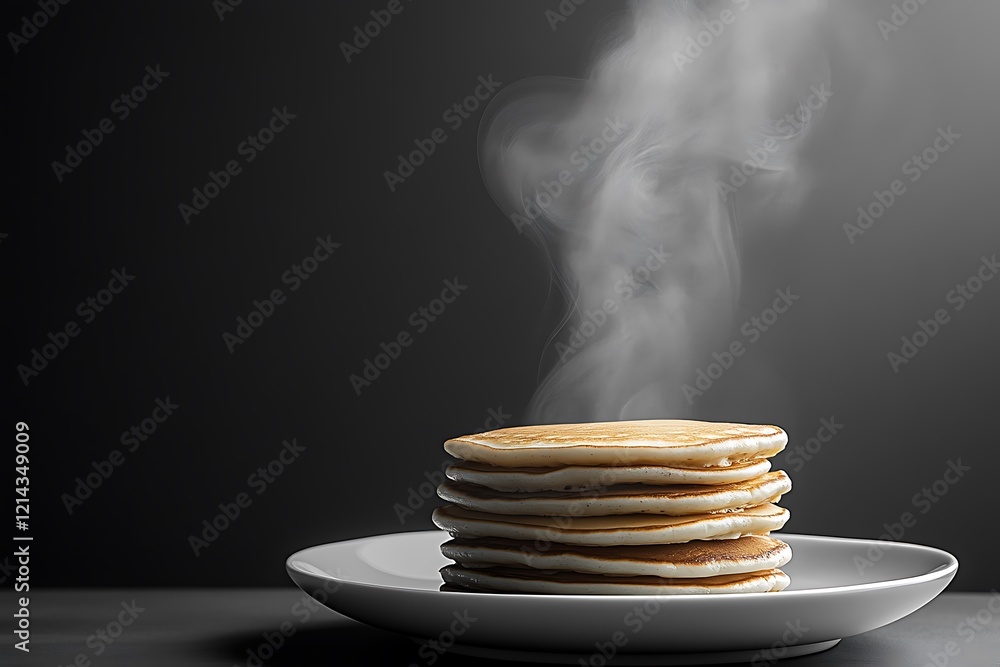 A steaming stack of golden brown pancakes on a white plate A steaming stack of golden brown pancakes on a white plate