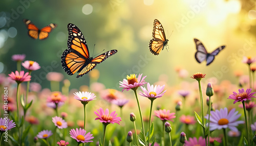 Butterflies flying over wildflowers, perfect for nature blogs and spring-themed greeting cards