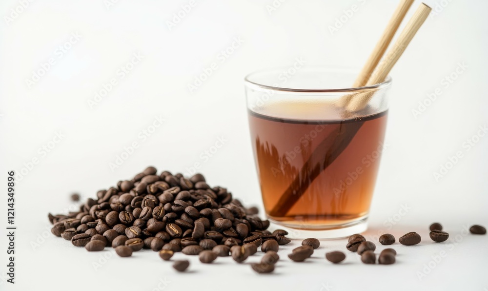 Cold brew coffee with straw, coffee beans on color table against white background, with shallow depth of field Cold brew coffee with straw, coffee beans on color table against white background, with shallow depth of field
