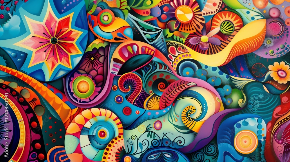 A colorful abstract pattern with swirls, circles, and flowers. A colorful abstract pattern with swirls, circles, and flowers.